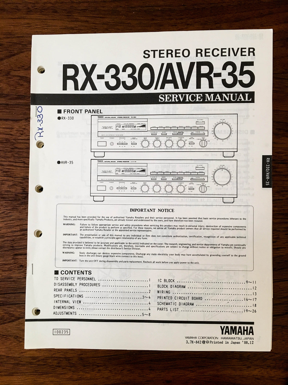 Yamaha RX-330 AVR-35 Receiver Service Manual *Original*