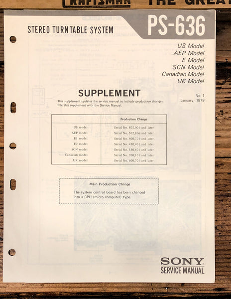 Sony PS-636 Record Player / Turntable Supp. Service Manual *Original*