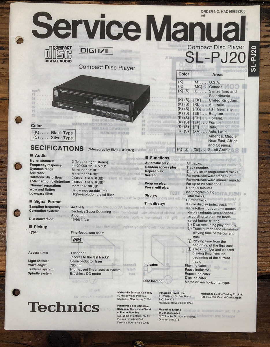 Technics SL-PJ20 CD Player Service Manual *Original*