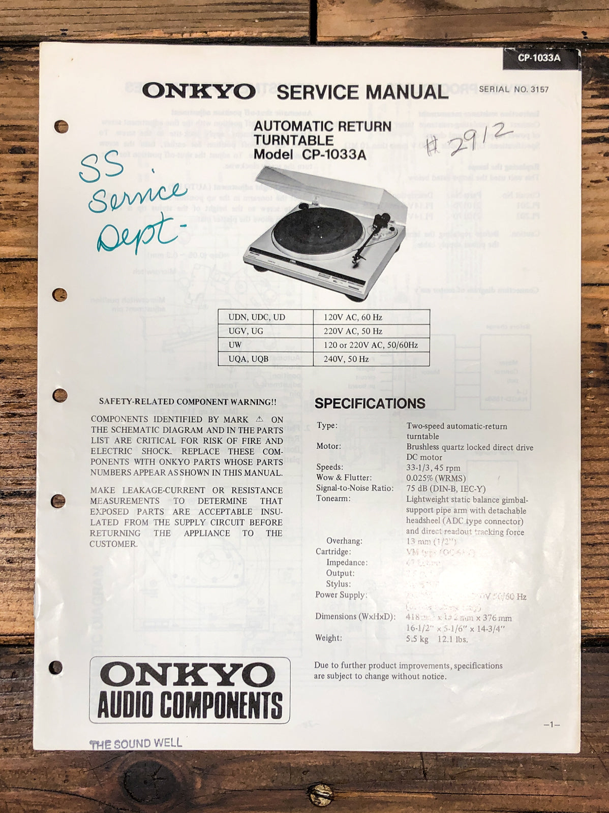Onkyo CP-1033A Record Player / Turntable Service Manual *Original*