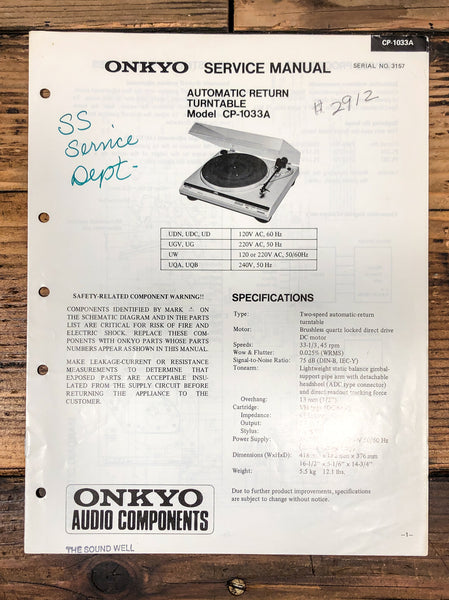 Onkyo CP-1033A Record Player / Turntable Service Manual *Original*