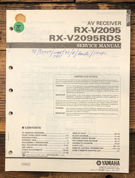 Yamaha RX-V2095 RDS Receiver  Service Manual *Original*