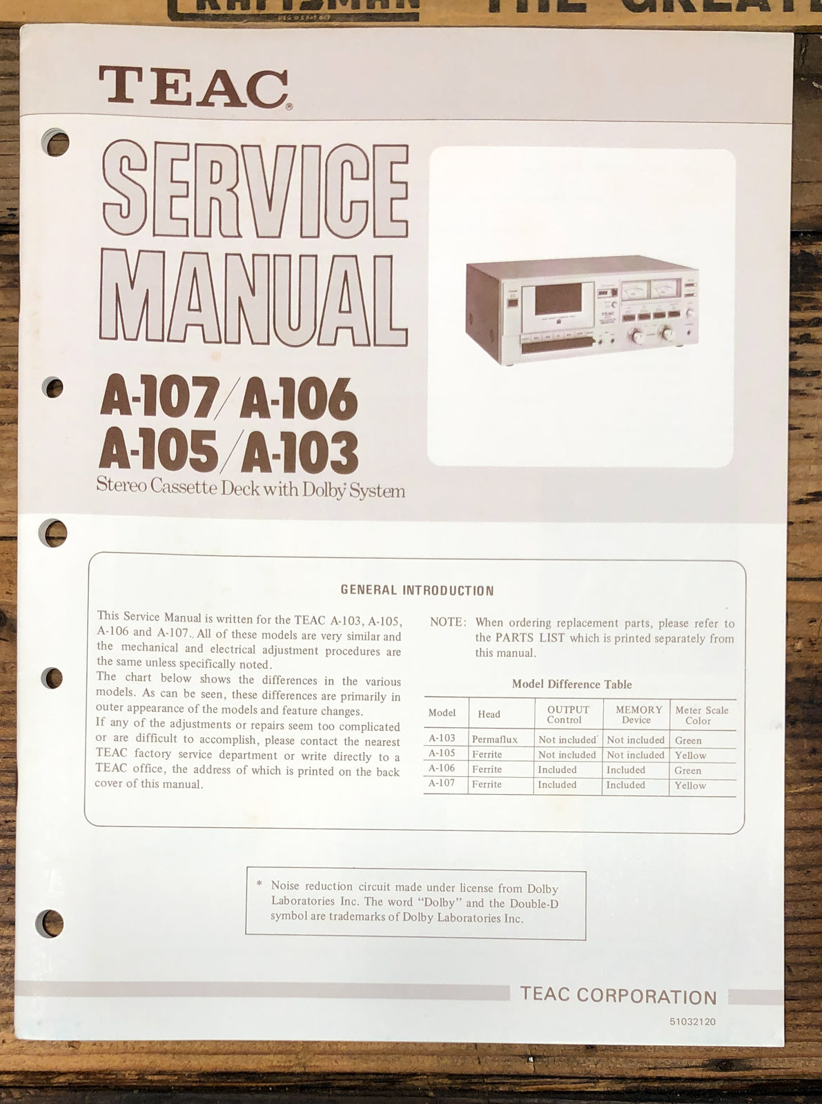 Teac A-103 105 106 107 Cassette  Service Manual *Original*