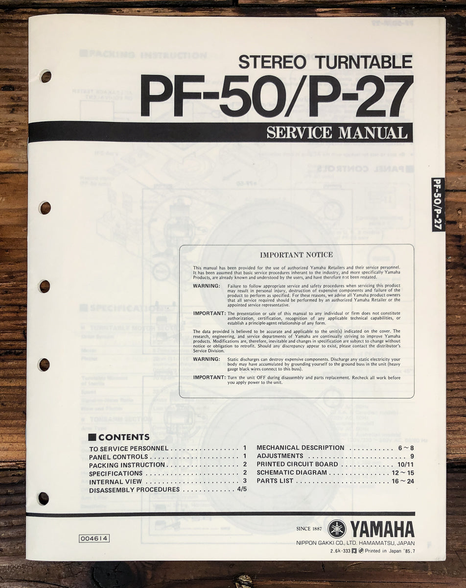 Yamaha PF-50 P-27 Record Player / Turntable Service Manual *Original*