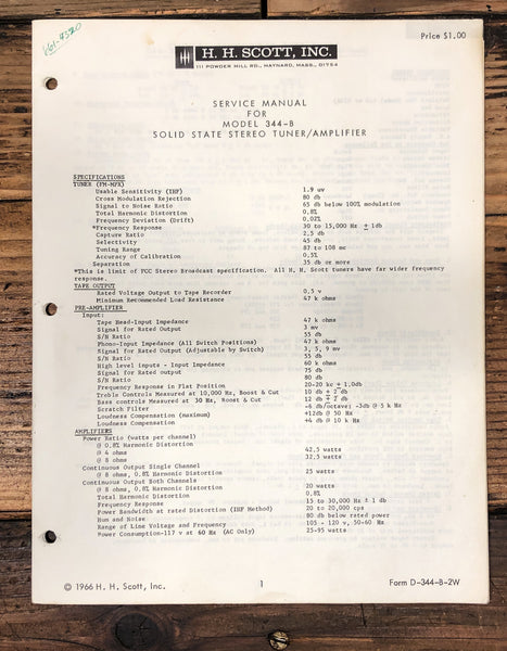 HH Scott Model 344B 344-B Receiver Service Manual *Original*
