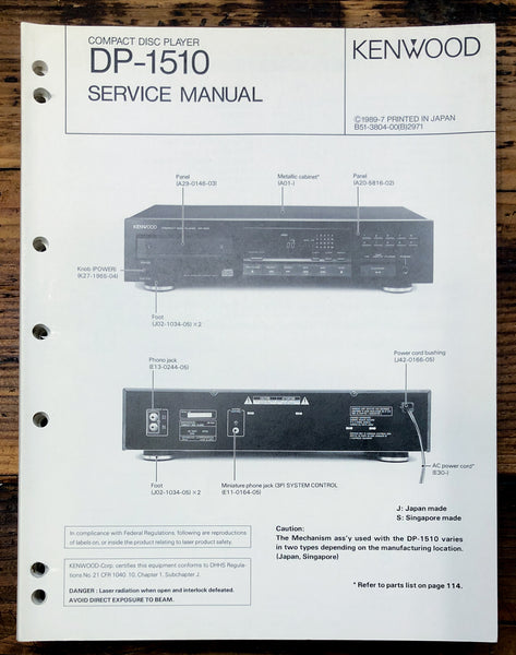 Kenwood DP-1510 CD Player  Service Manual *Original*