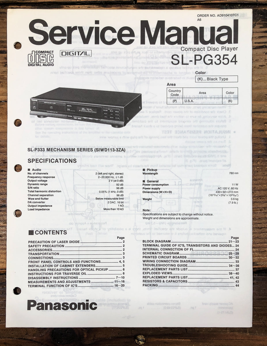 Technics SL-PG354 CD Player Service Manual *Original*