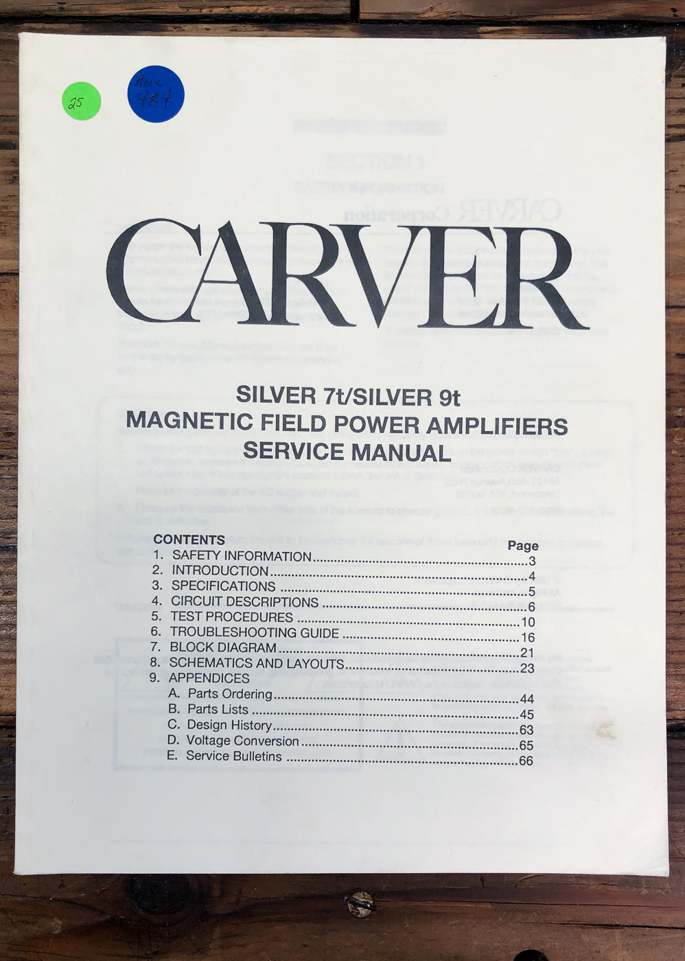 Carver Silver 7t Silver 9t Speakers Service Manual *Original*