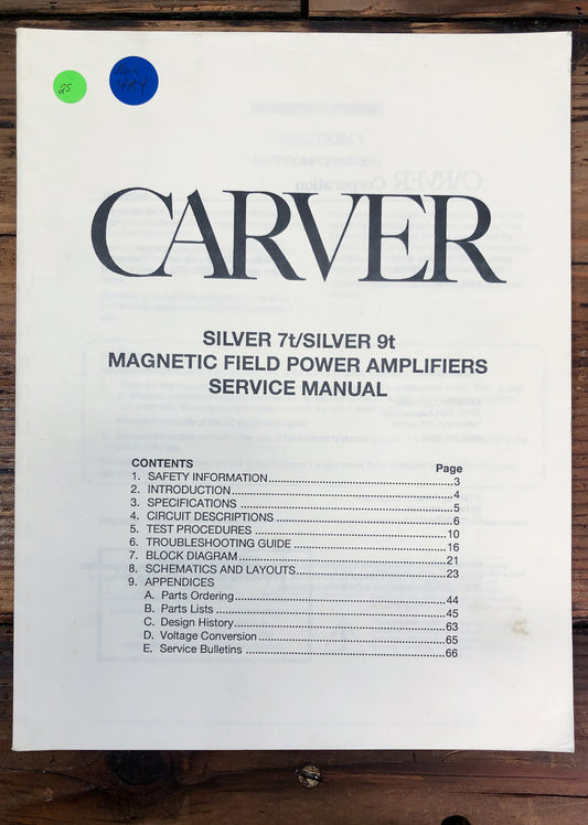 Carver Silver 7t Silver 9t Speakers Service Manual *Original*