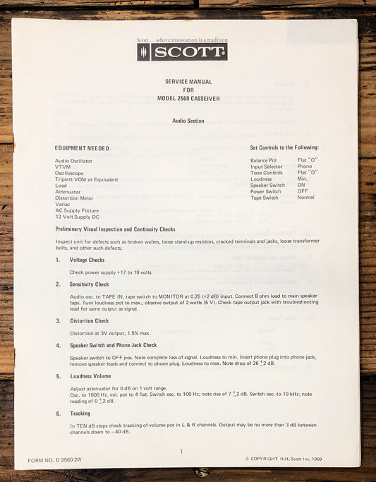 Scott Model 2560 Casseiver Receiver  Service Manual *Original*