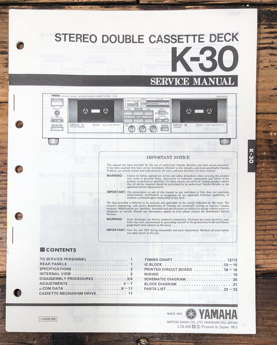 Yamaha K-30 Cassette Service Manual *Original*