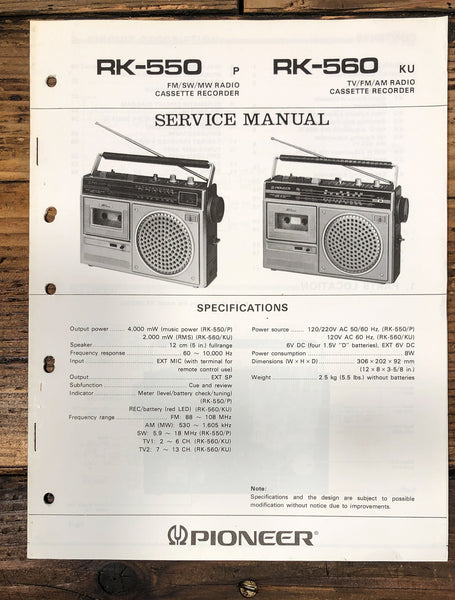 Pioneer RK-550 RK-560 Radio Cassette Service Manual *Original*