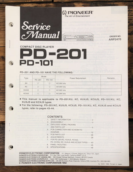 Pioneer PD-101 PD-201 CD Player  Service Manual *Original*
