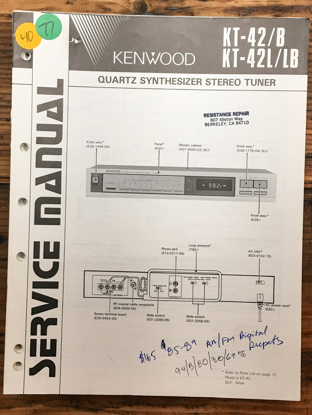 Kenwood KT-42 KT-42B Tuner  Service Manual *Original*