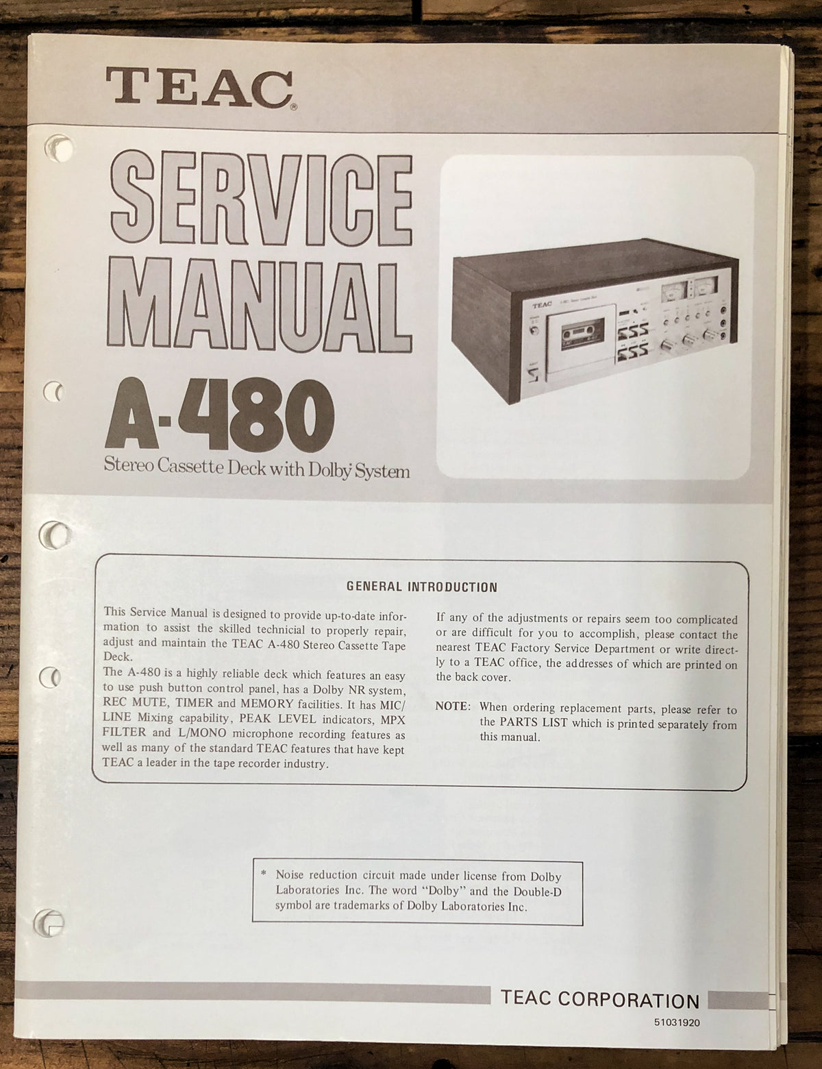 Teac A-480 Cassette  Service Manual *Original*