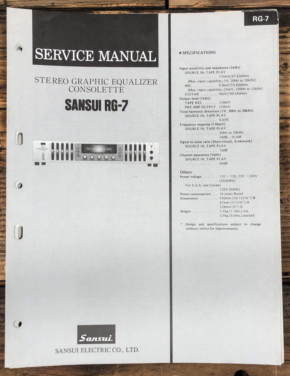 Sansui RG-7 Equalizer  Service Manual *Original*