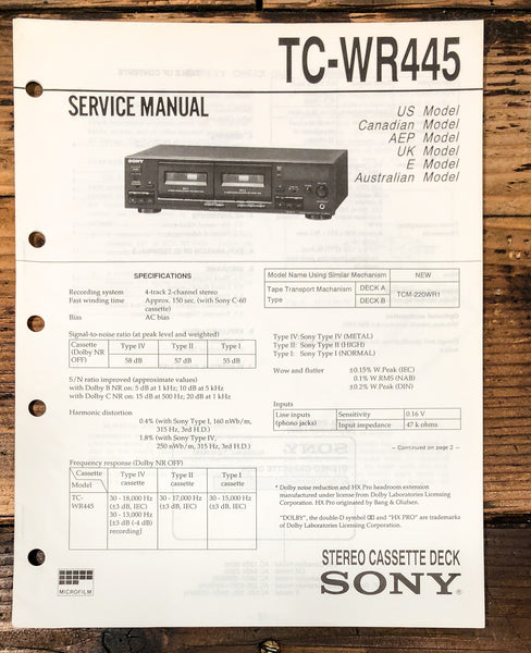 Sony TC-WR445 Cassette Service Manual *Original*