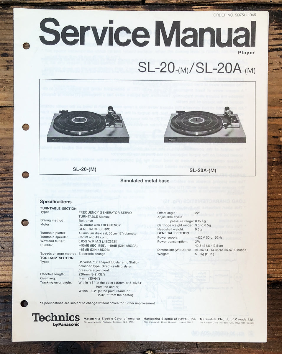 Technics SL-20 SL-20A Record Player / Turntable Service Manual *Original*