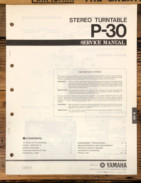 Yamaha P-30 Record Player / Turntable  Service Manual *Original*