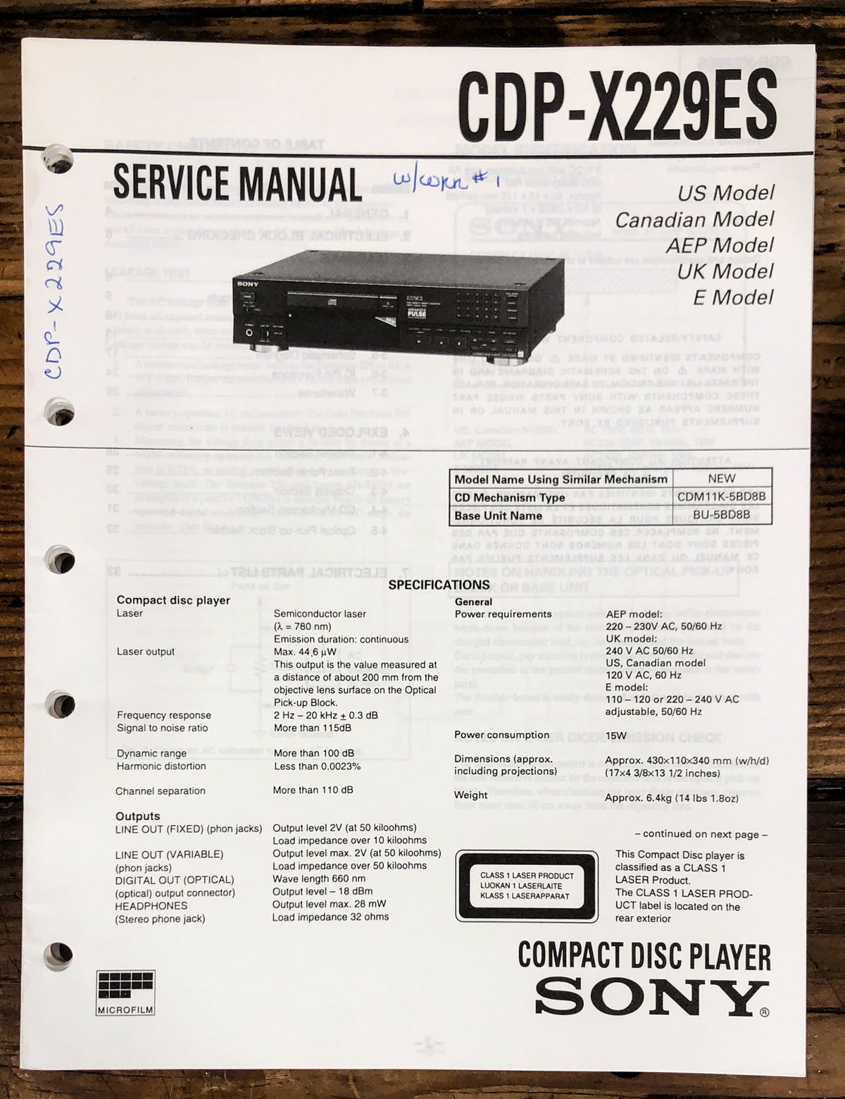 Sony CDP-X229ES CD Player  Service Manual *Original*