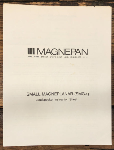 Magnepan Small Magneplanar SMGa Speaker  Owner / User Manual *Original*