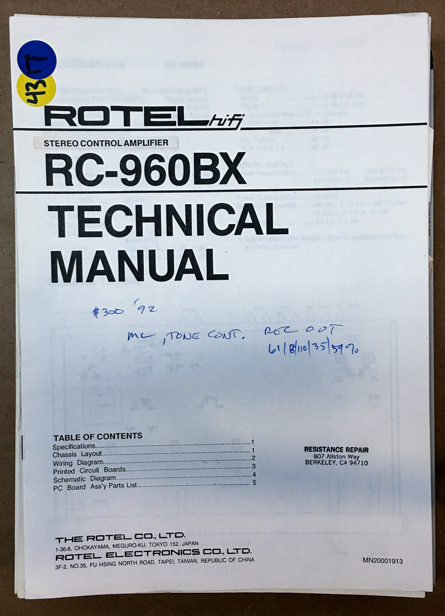 Rotel RC-960BX Preamp / Preamplifier  Service Manual *Original*