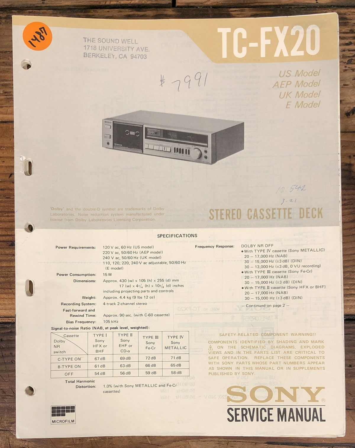 Sony TC-FX20 Cassette  Service Manual *Original*