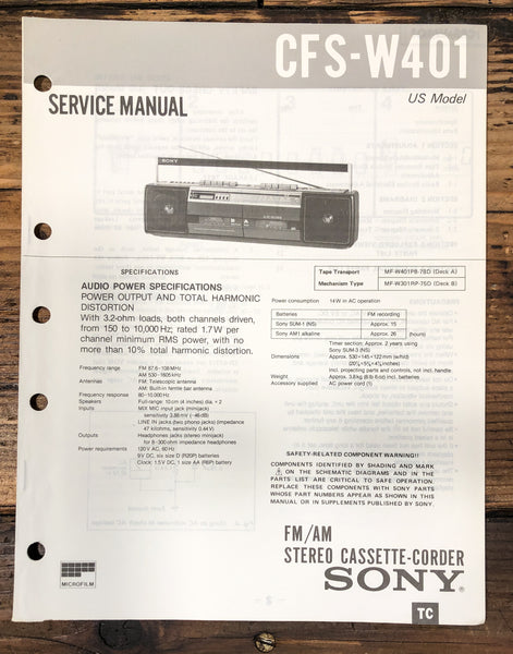Sony CFS-W401 Radio Service Manual *Original*