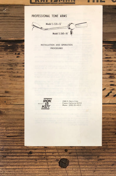 RekOKut Rek O Kut Model S-320 S-260 Tonearm Owners / User Manual *Original*