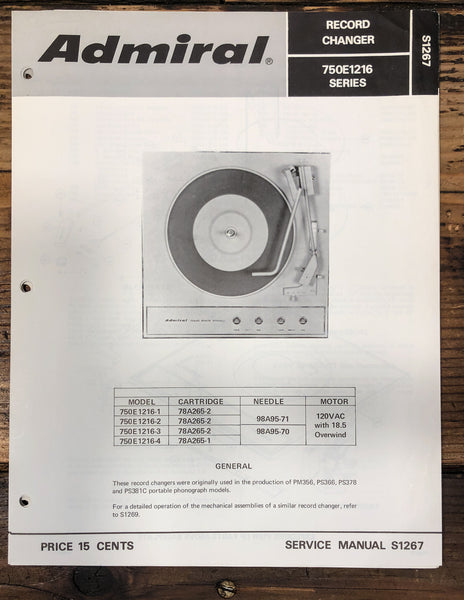 Admiral 750E 1216 Record Player / Turntable Service Manual *Original*