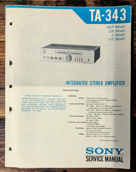 Sony TA-343 Amplifier  Service Manual *Original*