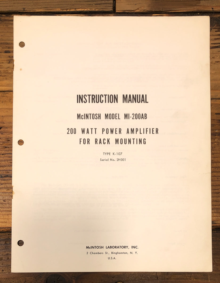 McIntosh MI-200 MI-200AB Amplifier Owners / User Manual *Original*