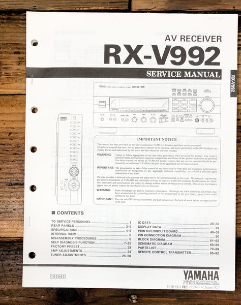 Yamaha RX-V992 Receiver  Service Manual *Original*