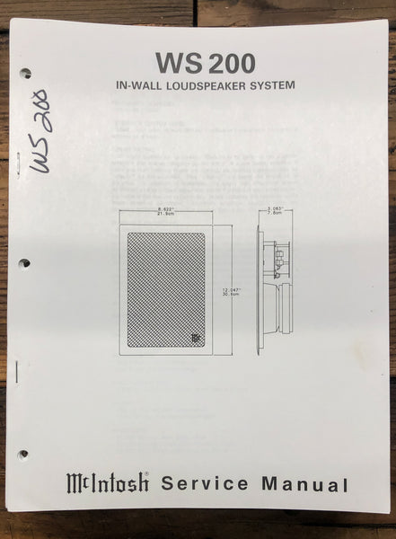 McIntosh WS200 WS-200 Speaker  Service Manual *Original*