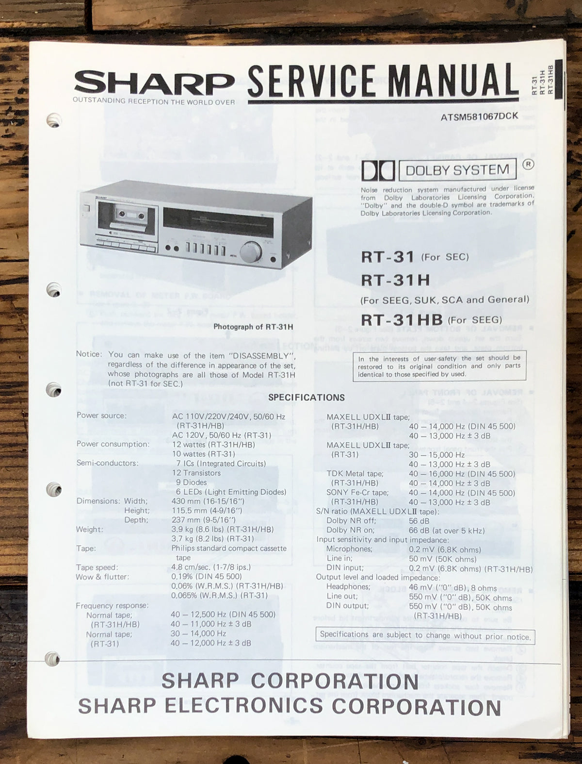 Sharp RT-31 RT-31H RT-31HB Cassette Service Manual *Original*
