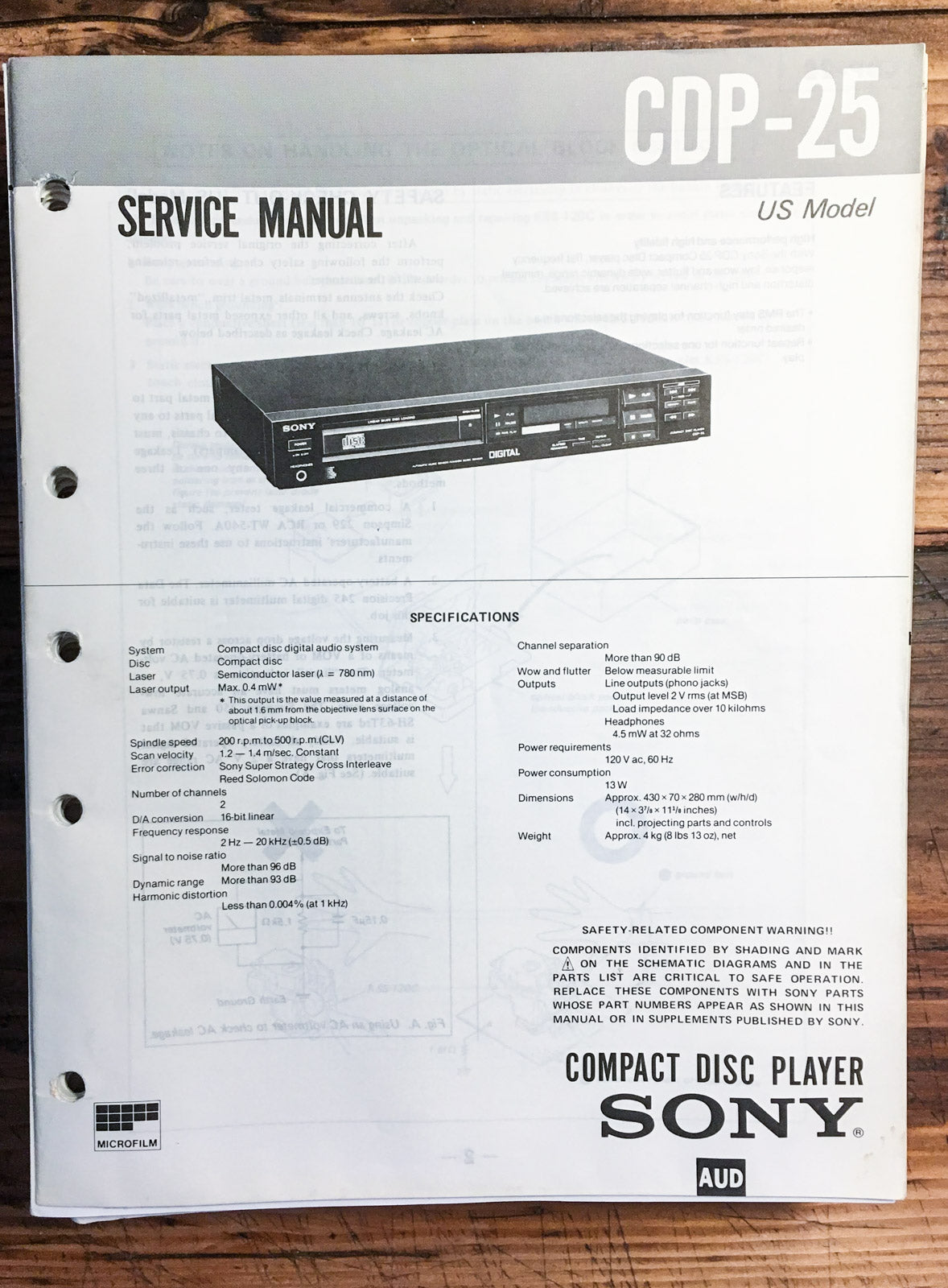 Sony CDP-25 CD Player  Service Manual *Original*