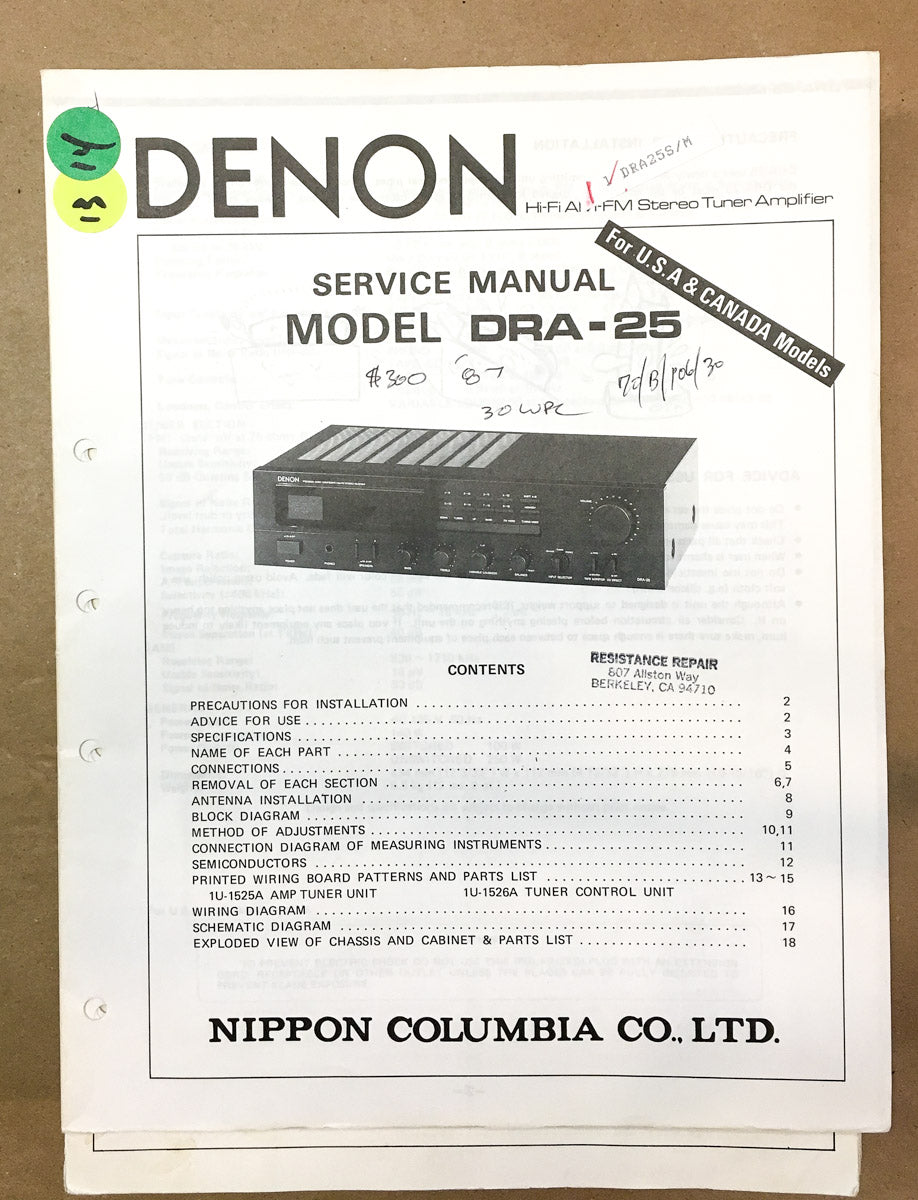 Denon DRA-25 Receiver  Service Manual *Original*