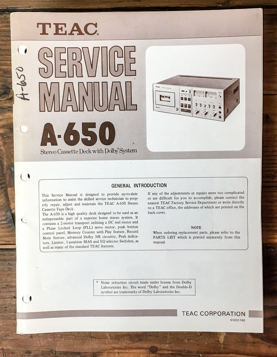 Teac A-650 Cassette Service Manual *Original*