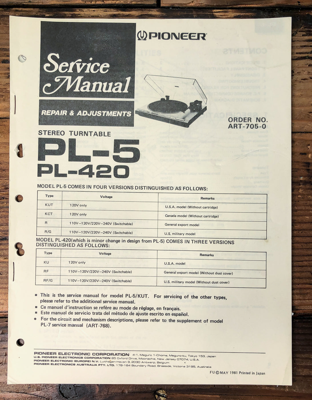 Pioneer PL-5 PL-420 Turntable Service Manual *Original*