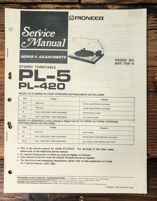 Pioneer PL-5 PL-420 Turntable Service Manual *Original*