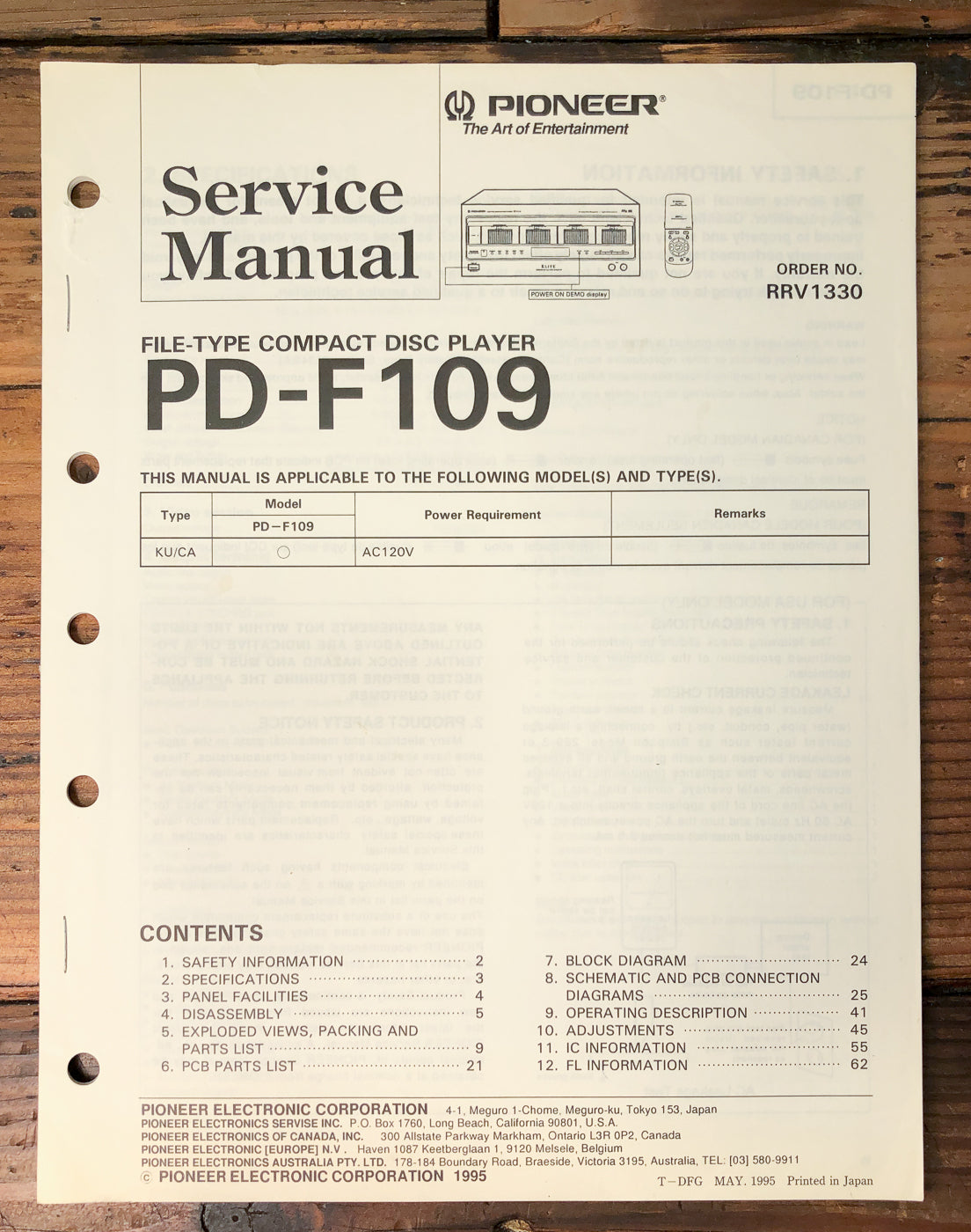 Pioneer PD-F109 File-Type CD Player Service Manual #2 *Original*