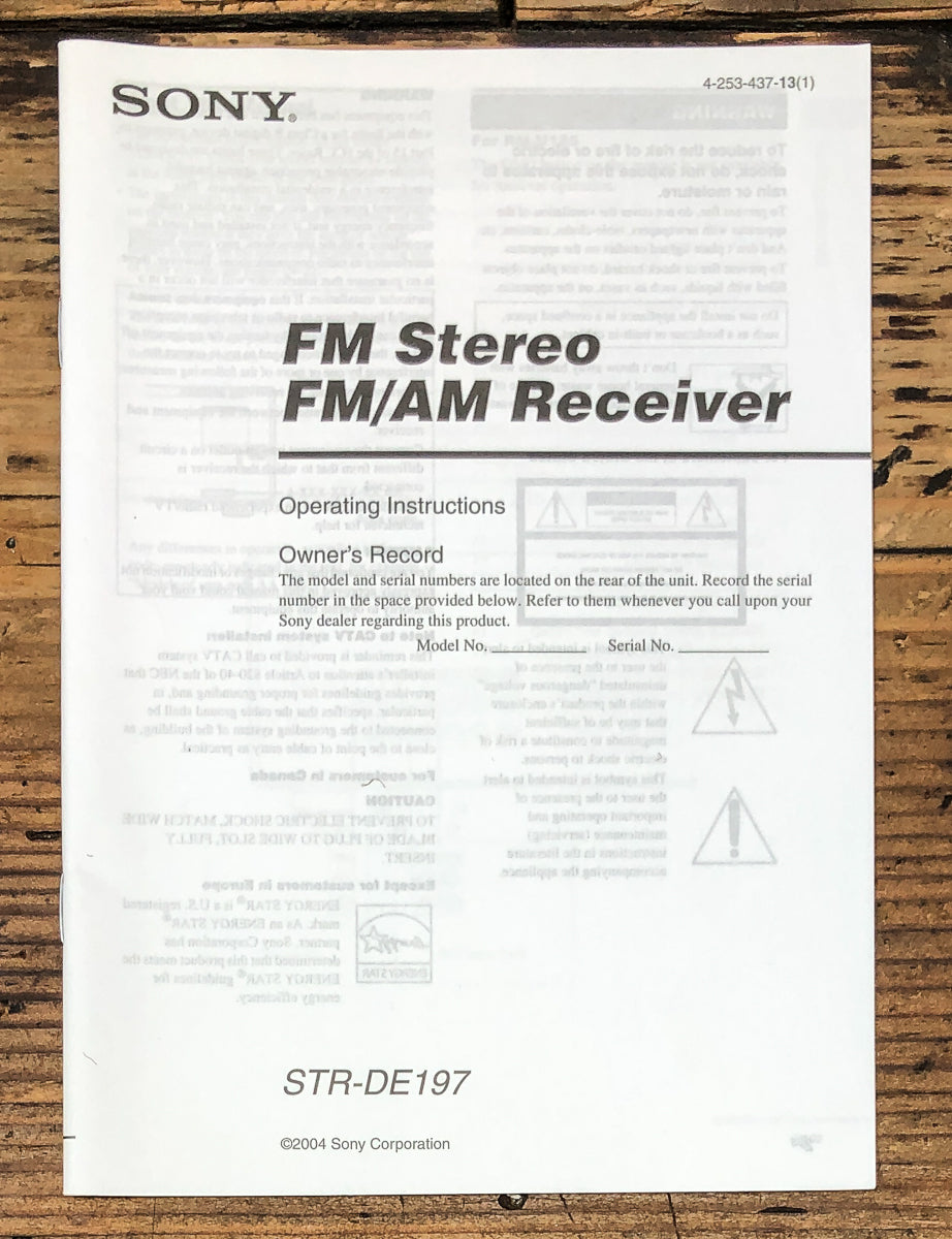 Sony STR-DE197 Receiver Owners / User Manual *Original*
