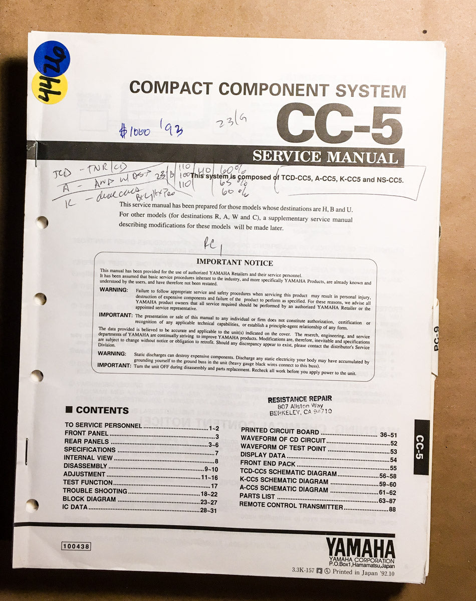 Yamaha CC-5 Stereo  Service Manual *Original*