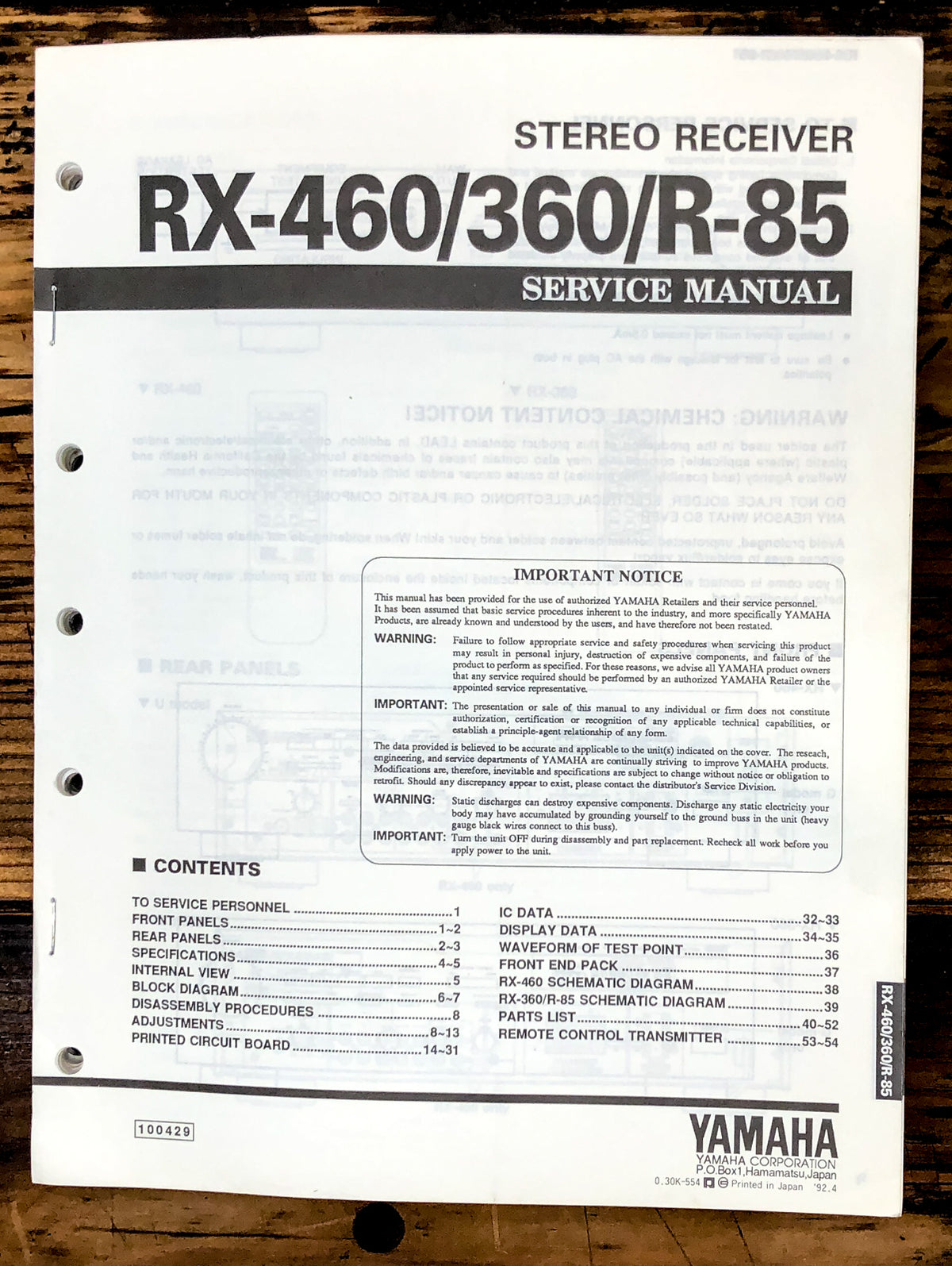 Yamaha RX-460 RX-360 R-85 Receiver Service Manual *Original*