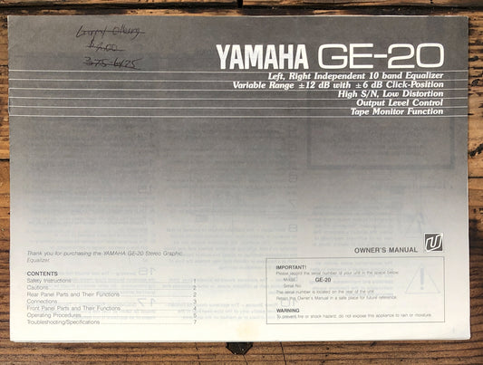 Yamaha GE-20 Equalizer  Owner / User Manual *Original*