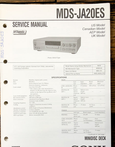 Sony MDS-JA20ES MD Deck  Service Manual *Original*