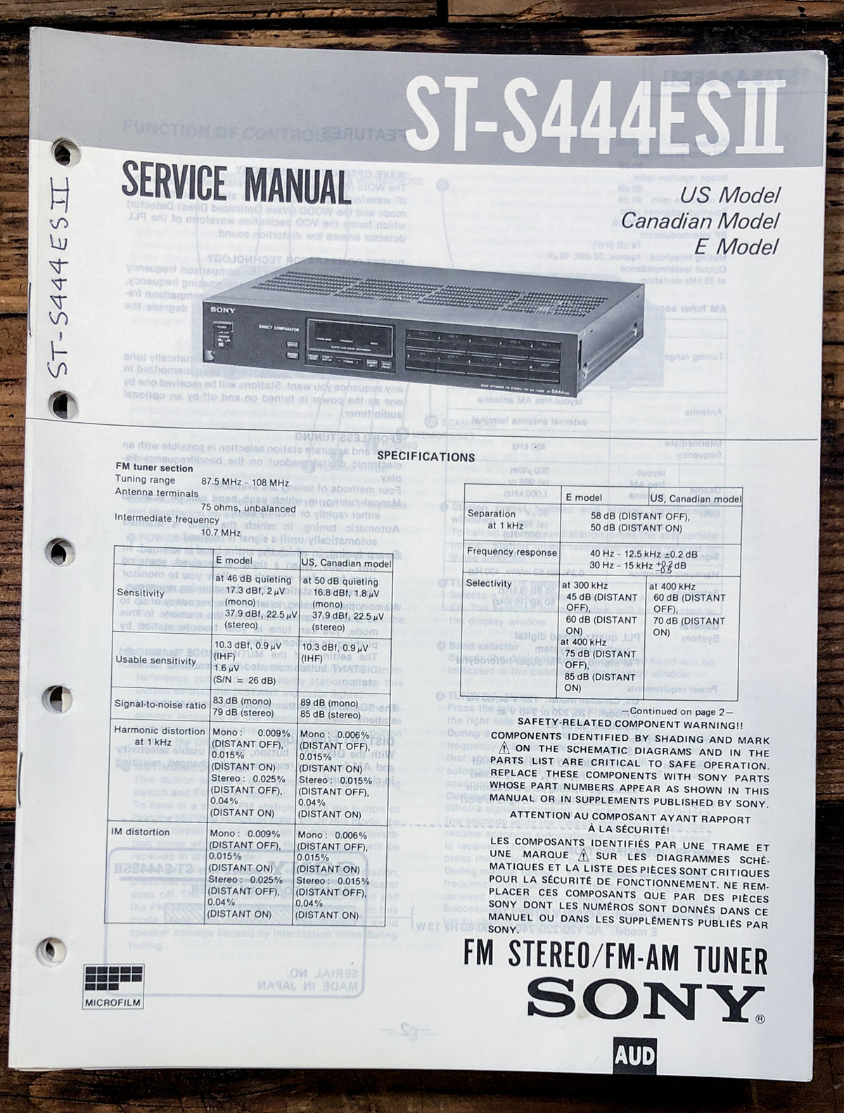 Sony ST-S444ES II Tuner  Service Manual *Original*