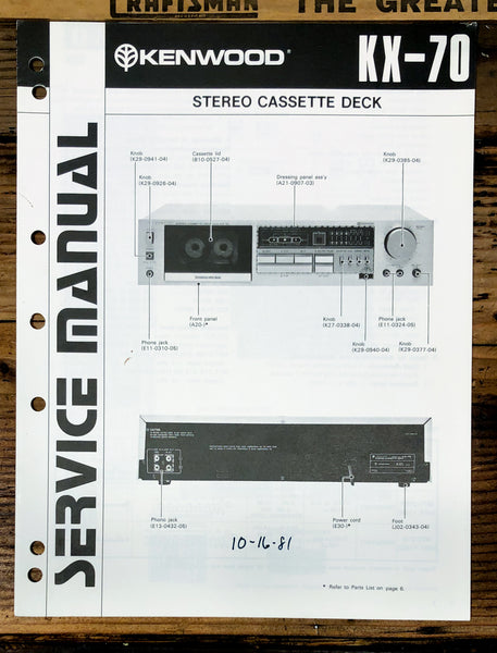 Kenwood KX-70 Cassette  Service Manual *Original*