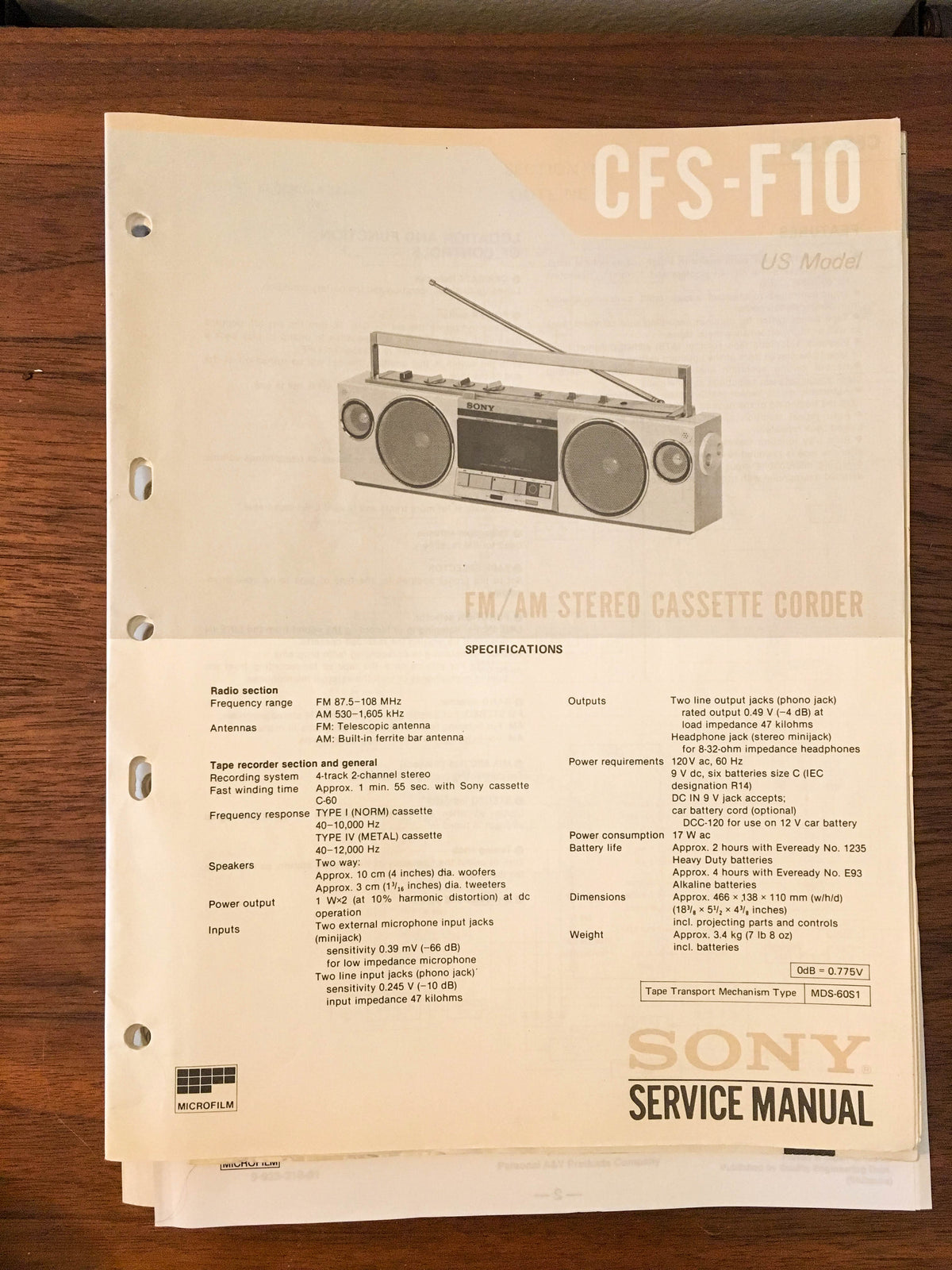 Sony CFS-F10 RADIO CASSETTE Service Manual *Original*