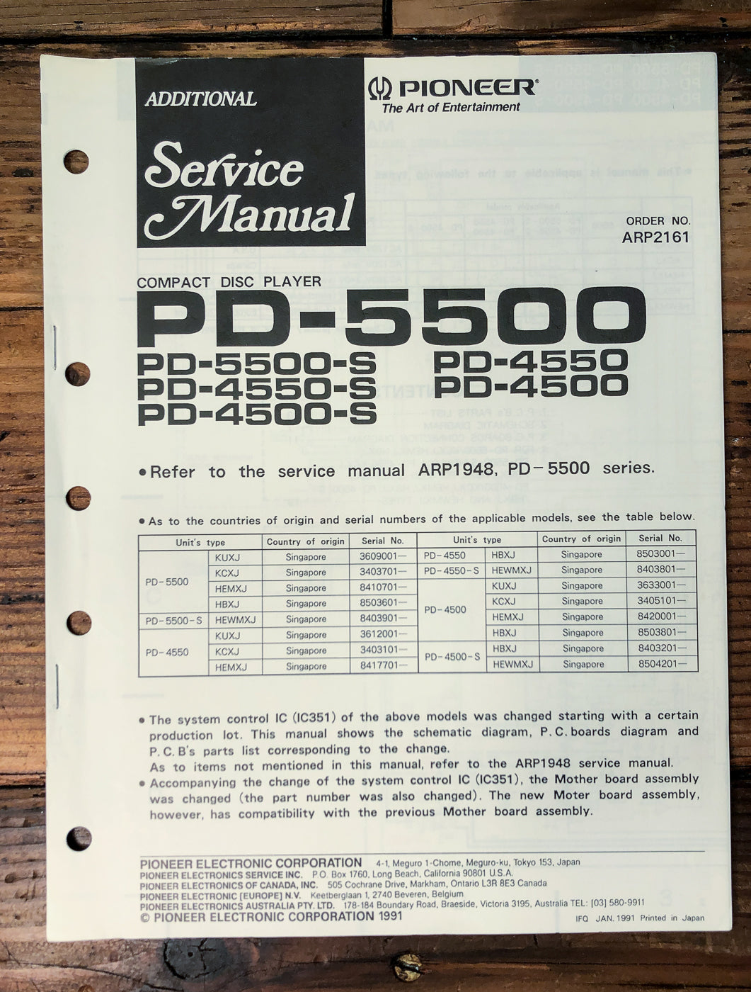 Pioneer PD-5500 PD-4550 PD-4500 CD Player Supp. Service Manual *Original*